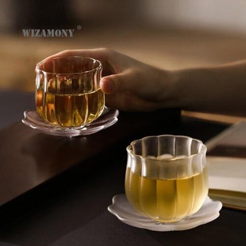 WIZAMONY Thickened glass teacup lotus tasting cup tea with Kung Fu master cup single cup personal water cup pad set