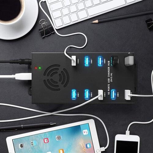 USB Charger 10-Port 120W, Multi-Port USB Charging Hub 24A Desktop Power Station for iPhone X/8/7/6S/6 Plus/5S, Ipad Pro/Air2/ Mi