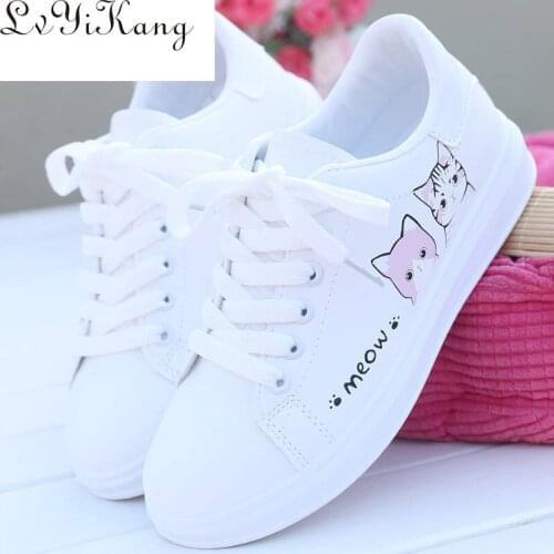 2020 New Arrival Fashion Lace-up Women Sneakers Women Casual Shoes Printed summer Women Pu Shoes Cute Cat Canvas Shoes
