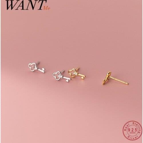 WANTME 925 Sterling Silver Simple Hollow Pave Zircon Romantic Key Stud Earrings Women Fashion Sweet Party Jewelry Accessories