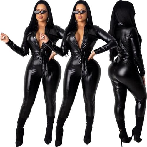 Long Sleeve Faux Leather Jumpsuit For Women Streetwear Bodycon Outfits Club Party PU Jumpsuits Belt Long Pants Rompers Overalls
