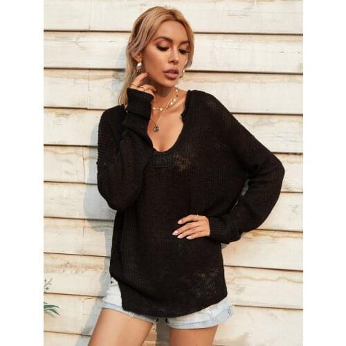 Fashion Women Casual Hollow Out Solid Knitted Split Sweaters Spring Autumn Long Sleeve Tops Loose Outerwear