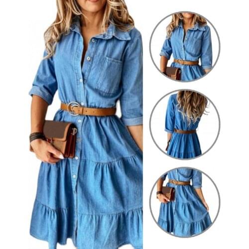 Belt Simple Turn-down Collar Summer Dress Buttons Women Dress Ruffle for Going Out
