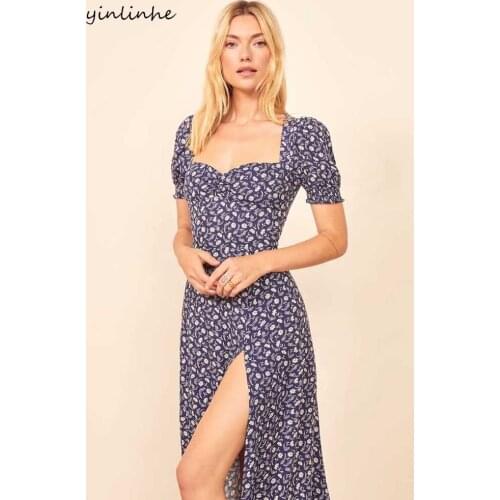 Yinlinhe Floral Blue Dress Women Long Summer Dress Short Sleeve Square Collar Split french style Dress Vintage Party Vestido 429
