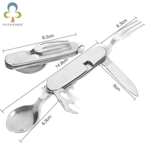 1Pc Outdoor Tableware Stainless Steel Spoon/Fork/Knife/Bottle Opener 4 in 1 Folding Cutlery Set Multifunctional GYH