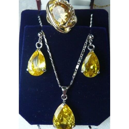 Free Shipping Yellow Crystal Silver Plated Earrings Ring(#7.8.9)Pendant Jewelry Set>> watch wholesale Quartz stone CZ crystal