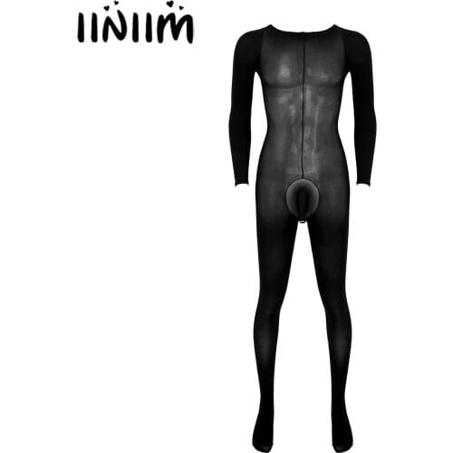 Men Exotic Teddies Bodystocking Hot Bulge Pouch Stretchy Solid Color Round Neck Long Sleeve Bodysuit Underwear Nightwear