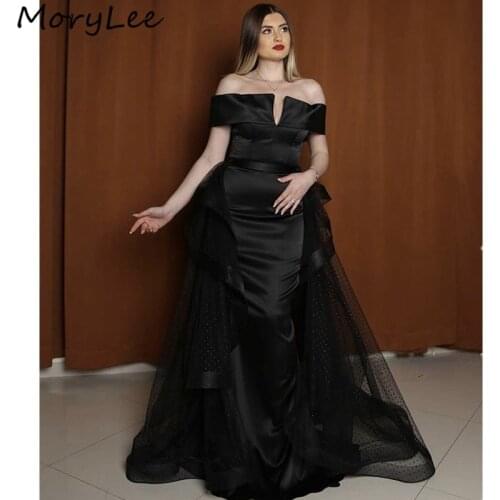 Black Evening Dresses Boat Neck Off The Shoulder Floor Length Mermaid Silk Satin Evening Dresses vestidos de fiesta de noche