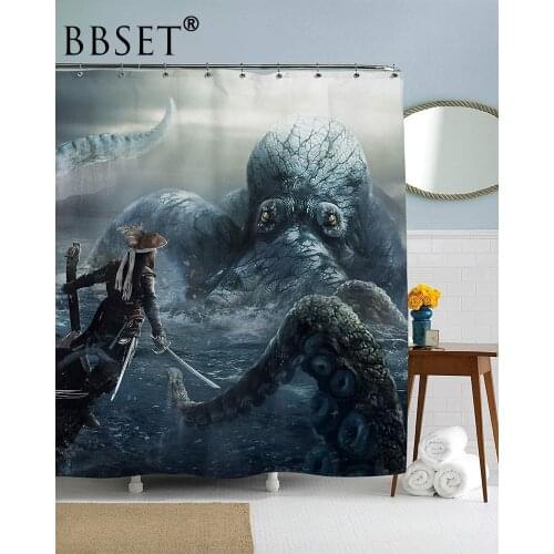 Octopus Theme Shower Curtain Warriors Fighting Octopus In Storm Pattern Waterproof Multi-size Cortina De Bano Bathroom Decor