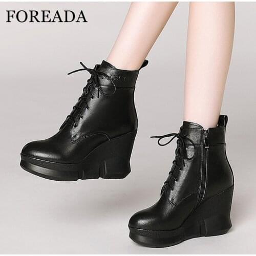 FOREADA Woman Boots Real Leather Super High Heel Ankle Boots Lace Up Wedges Heel Short Boots Zipper Platform Female Shoes Beige