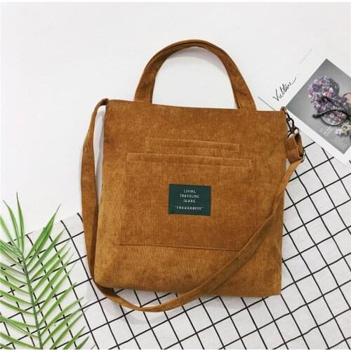 PURFAY corduroy Women Shoulder Bag Cotton Tote pockets Shopper Bag Eco Reusable Shopping Bag Handbag Cloth Messenger Square bag