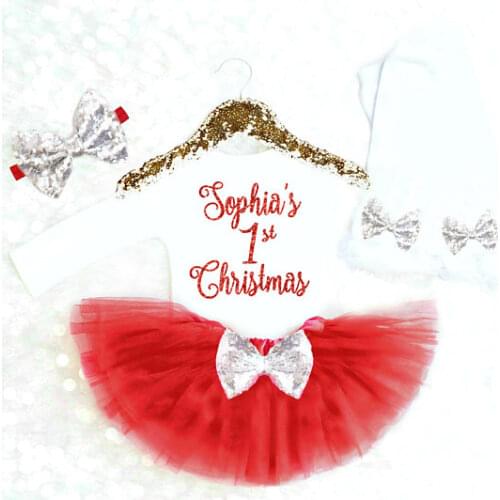 Custom name Baby Girl 1st Christmas Newborn infant bodysuit bloomer romper leggings Outfit Sets baby shower party favors