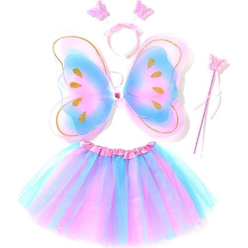 Fairy Princess Kids Costume Sets Butterfly Wings Wand Headband Tutu Skirt 2021 Butterfly Dress up Wing for Girls Party Halloween