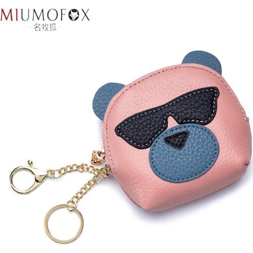 Genuine Leather Coin Purse Women Cute Dog Keychain Zipper Change Purse Cowhide Girls Lipstick Storage Wallet Kid Money Pouch Bag