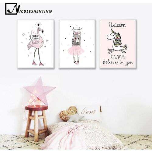 Cartoon Girl Unicorn Flamingo Poster and Print Wall Art Canvas Painting Nordic Style Nursery Picture for Living Room Home Decor