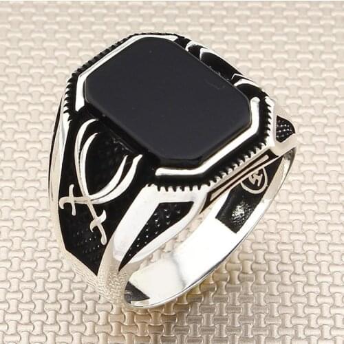 Rectangle Black Onyx Stone Men Silver Ring With Machete Motif Made in Turkey Solid 925 Sterling Silver