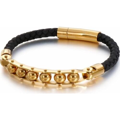 HAOLYNJOY 21.5cm Stainless Steel GoldBlack All Beads Charm Bracelets Men Genuine Leather Wrap Bracelet Rock Biker Jewelry