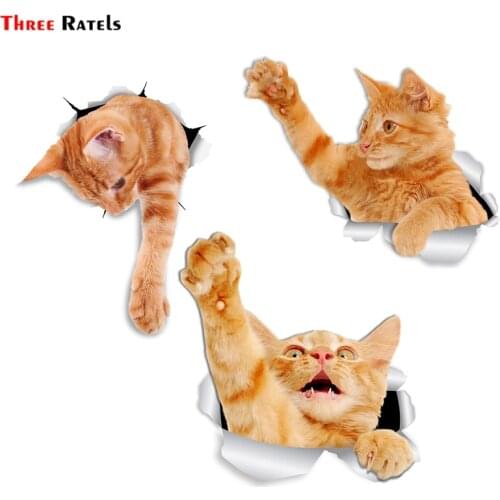 Three Ratels FTC-1097 3D Reaching Ginger Cat Sticker for Car Bumper Sticker Decal for Toilet Refrigerator Kitchen Cabient Window
