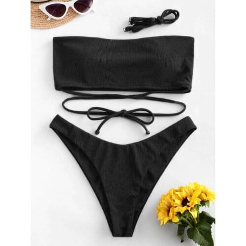 Solid Lace Up Bikini Womens Push Up Tube Top Swimwear High Waisted Tummy Control 2 Piece Swimsuit Топик Женский #T3G