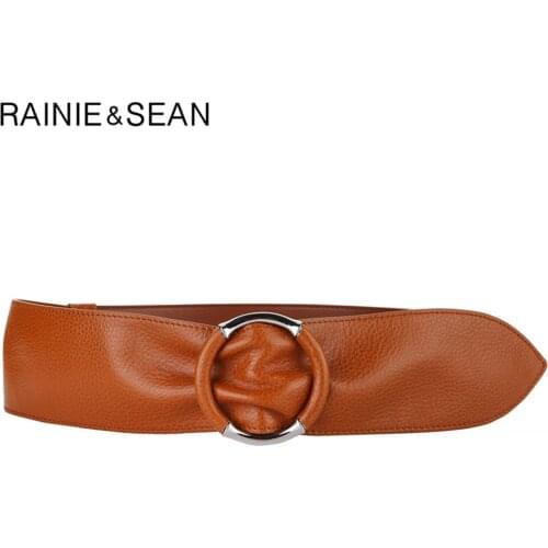 RAINIE SEAN First Layer Cowskin Women Belt Wide Waist Belt Full Grain Cow Leather Solid Brown Ladies Belt for Dress Accessories