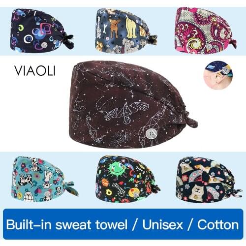 Viaoli men Women High Quality Multicolor cartoon printing Wholesale prices Adjustable Scrubs Cap Button cap work hats Scrub Cap