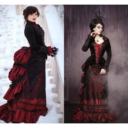 Victorian Gothic Wedding Dresses with long sleeve jacket 2021 black red Floral Bustle skirt lace-up corset bride gowns