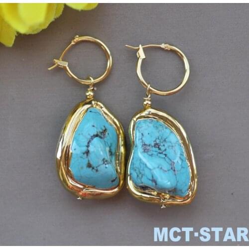Z11357 31mm Baroque Blue Turquoise Yellow Gold Plate Dangle Earring Women jewelry
