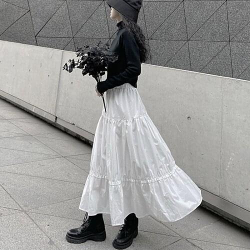 Johnature 2021 New Solid Color All Match Women Skirts Spring Autumn Black White Design Loose Elastic Waist Female Skirts