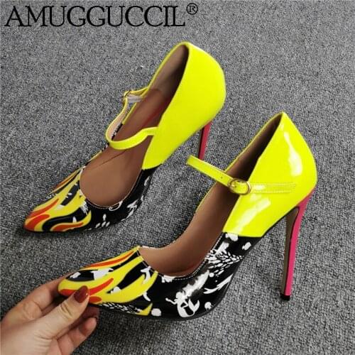 2020 New Plus Big Size 35-47 Red Yellow Pink Buckle Fashion Sexy High Heel Female Ladies Mary Janes Shoes Women Pumps D1297