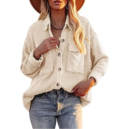 QINJOYER Women Vintage Corduroy Shirts Long Sleeve Pocket Coat Ladies Casual Shirt Spring Autumn Women Button Lapel Cardigan Top