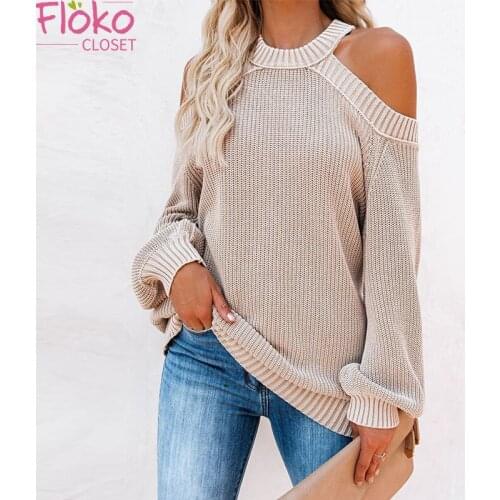 Flokoclose Sexy Off Shoulder Knitted Oversized Sweater Solid Color Loose Long Seeve Backless Cross Streetwear Pullovers