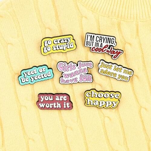 Happy Enamel Pins Fun Quotes Five-color word game Custom Dialog banner Brooches Badge Denim Shirt Lapel Pin Bag Jewelry Gift