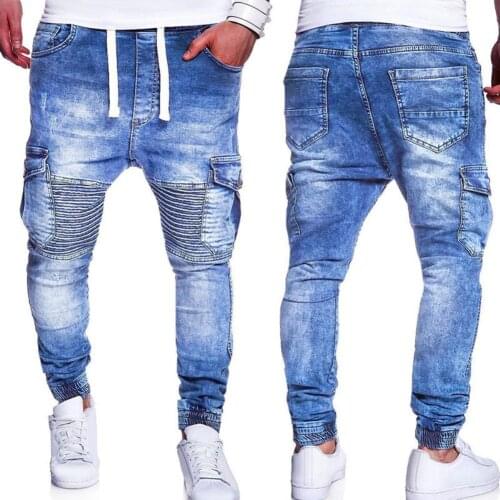 2019 Fashion Multiple Pocket Pleated Knee Slim Men Jeans Drawstring Casual Long Pants men