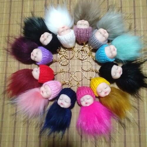 2020 Sleeping Baby Keychain Cartoon Baby Keyring Fake Fur Tassel pompons Handmade Crafts Party Gifts