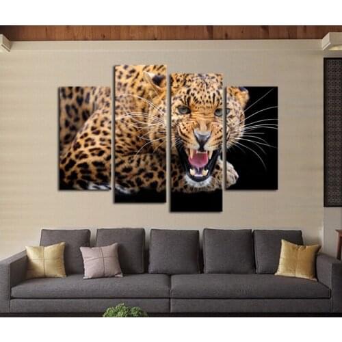 4 Panels Yellow Spots Leopard Print Modern Painting Canvas Home Decor Wall Art Picture For Living Room