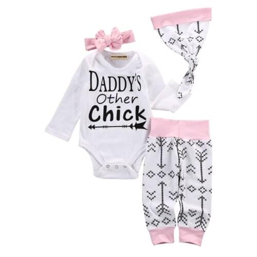 4PCS Set Newborn Baby Little Girl Romper Tops +Long Pants Hat Outfit Clothes Set Cotton Baby Clothing