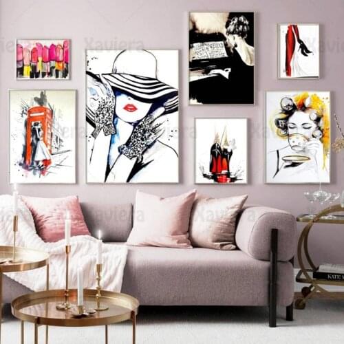Watercolor Canvas Painting Modern Lady Elegant Woman Lipstick High Heels Piano Coffee Fashion Posters Prints Wall Art Home Decor