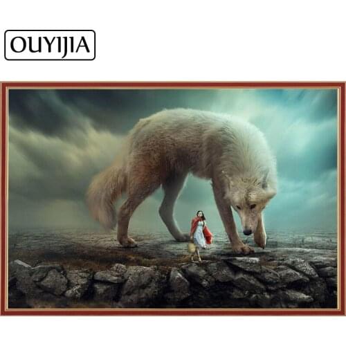 OUYIJIA Oil Wolf And Girl 5D DIY Art Diamond Painting Cross Stitch Mosaic Animals Rhinestone Home Decoration Diamond Embroidery