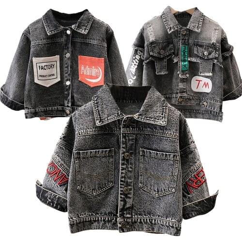 Children Letter Denim Jackets Coat 2021 Hot Autumn Kids Fashion Printing Outerwear For Baby Boys Girls Hole Jeans Coat 2-8Years