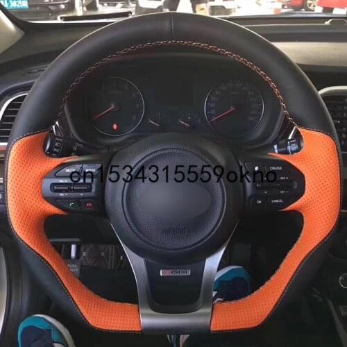 DIY Black Orange Leather Car Steering Wheel Covers For Kia K5 Optima 2014 2015 Auto Steering Covers