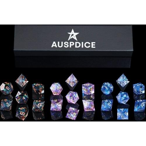 DND Role Playing Game Dice 100% Handcrafted 7-Die Polyhedral Mirror Dice Sets with Sharp Edges and Beautiful Inclusions