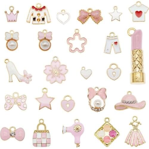 Julie Wang 25PCS Enamel Charms Mixed Pink White Clothes Flower Star Tie Lipstick Heart Pendants Alloy Jewelry Making Accessory