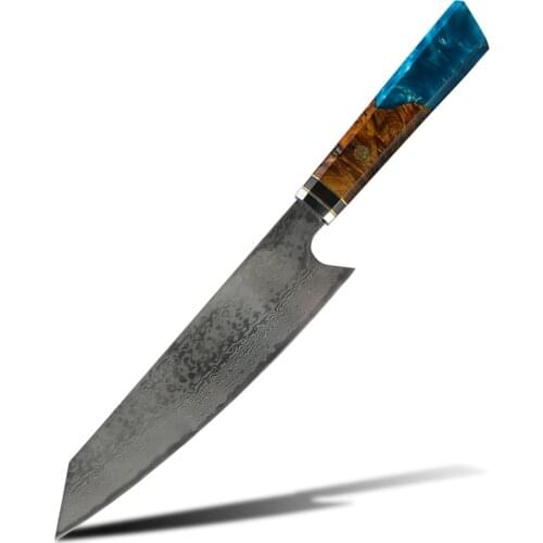 Gyuto Damascus Steel Kitchen Knives VG10 Chef Knife Cleaver Paring Bread Knife Blue Resin and Color Wood Handle Cooking Tool