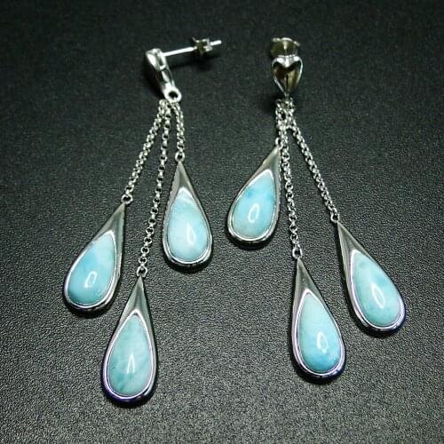 Hot Selling 925 Sterling Silver Natural Larimar Tear Drop Dangle Earrings For Women Gift