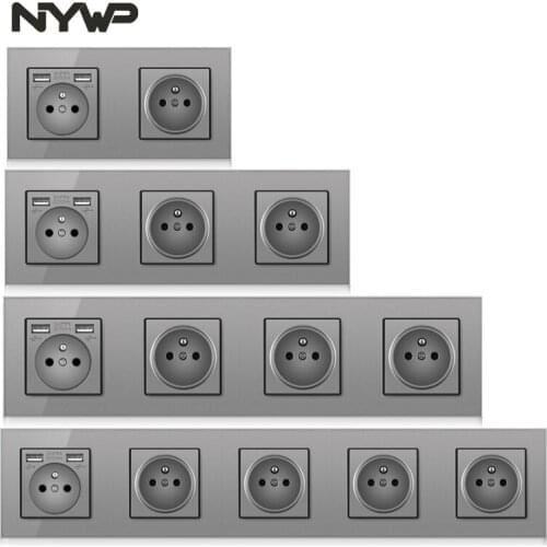 French standard 16a wall-mounted multi-channel power grounding socket three or four gray glass panel wall-mounted usb power supp