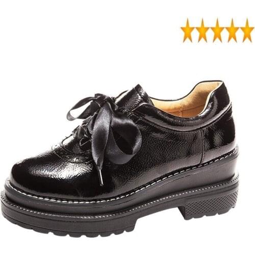 New Women Pu Leather Autumn Thick Platform Preppy Style Casual Bowknot Lace Up Wedges Pumps Creeper Student Girls Shoes