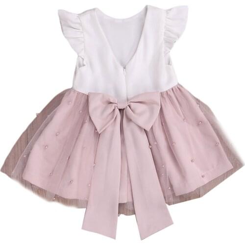 0-5Y Summer Princess Infant Baby Girls Dress Ruffles Sleeve Solid Pearl Lace Patchwork Back Bowknot Tutu Dress