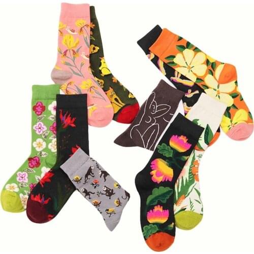 PEONFLY Happy Socks Man Creative Flower Flowers Pattern Funny Socks Casual Comfort Cotton High Quality Socks