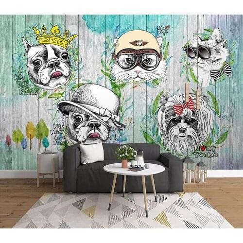 Custom wallpaper Hand-painted animal cat and dog cartoon background wall