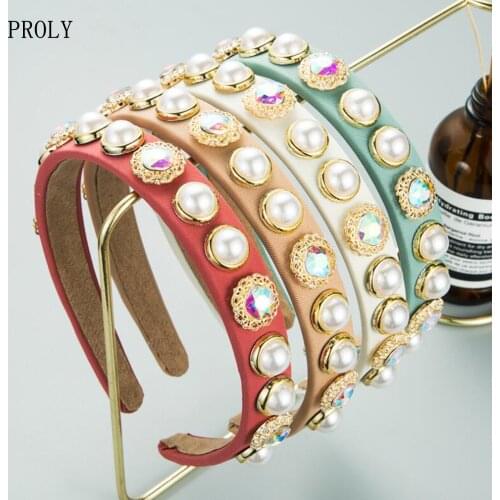 PROLY New Fashion Women Headband Pearls Rhinestone Hairband Handmade Baroque Headwear Girls Hair Accessories